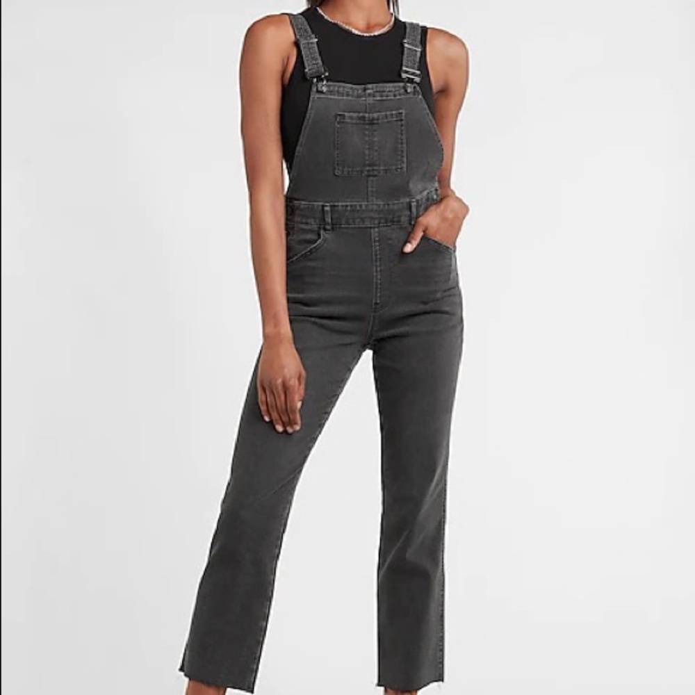 🆕👖EXPRESS Black Straight Jean Overalls 16 18 New Stretch Cutoff Raw Edge Denim